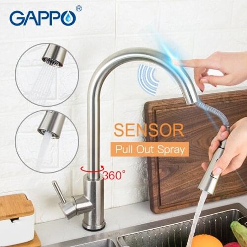 GAPPO Kitchen Sink Faucet Sensor Stainless Steel Touch Faucet Single Handle Kitchen Faucet Pull Out Dual Outlet Water Modes