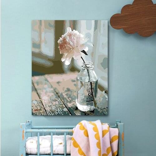 DIY painting by numbers glass bottle of white roses creative adult hand-painted living room decoration painting