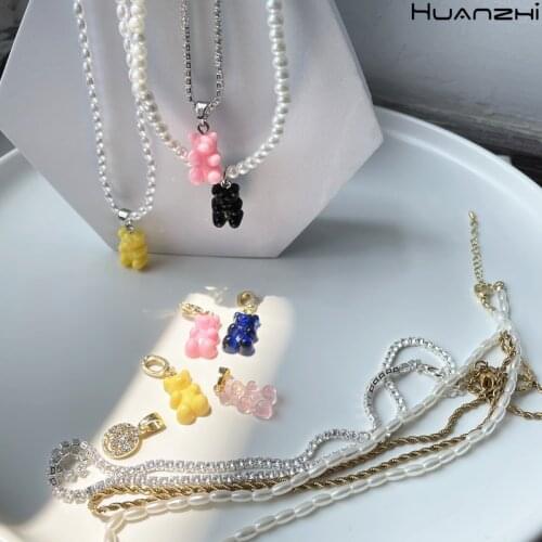 New Colorful Pearl Zircon Smiley Resin Candy Bear Pendant Metal Chain Necklace HUANZHI 2021 for Women Girls Party Jewelry Gifts