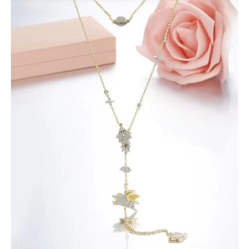 SLJELY Luxury Long 925 Sterling Silver Planet Rocket Space Flying Pig Multilayer Necklace Cubic Zirconia Gold Fine Jewelry