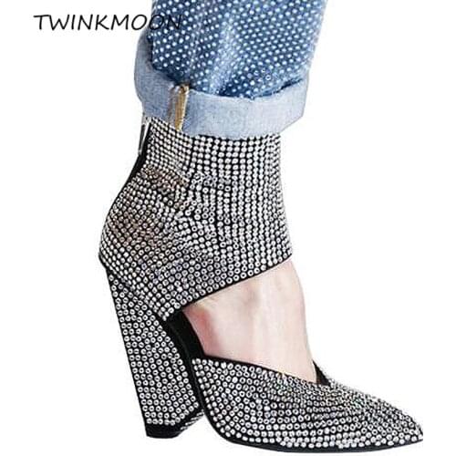 Luxurious Rhinestone Studded Ankle Boots Women Kid Suede Sandals Boot Summer Spike High Heels Fashion T Show Party Crystal Shoes