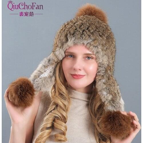 Hand-kintted Natural Rabbit Fur Hat Thick And Warmth Long Ear Cap Double Closely Woven Hat For Women With Three Fox Fur Pom Poms