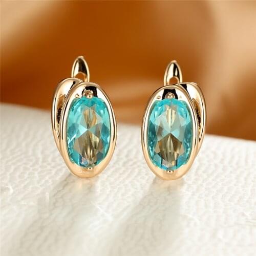 Antique Gold Color Small Hoop Earrings Aqua Blue Zircon Oval Stone Earrings Female Minimalist Luxury Crystal Earrings For Women