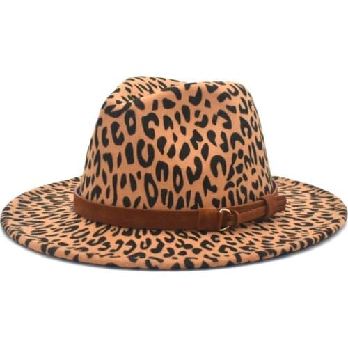 New Leopard Print Fedora Wool Hat Ladies Wide Brim Jazz Hat Men Retro Panama Hat F84