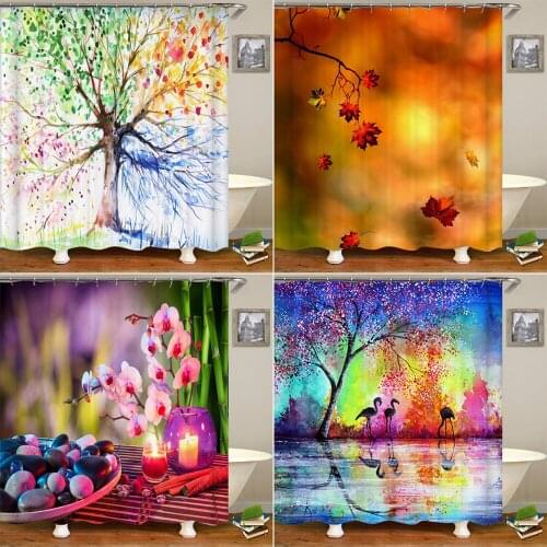Natural Scenery Plants Polyester Shower Curtains Bamboo Trees Orchid Bathroom Curtain with 12 Hooks Home Decoration Large Size