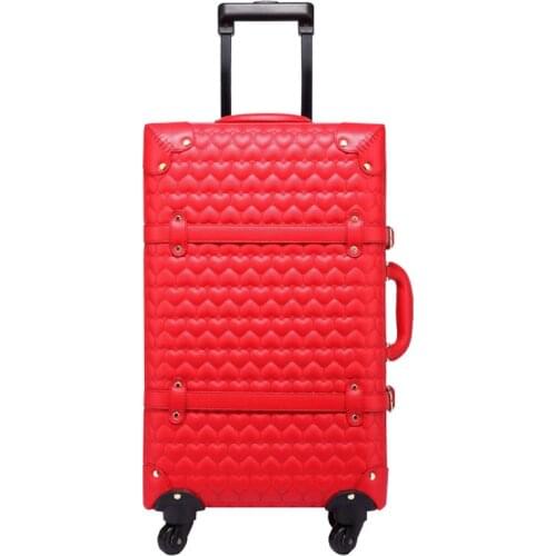 Baggage 22 24 Inch Vintage Travel Trolley Luggage Suitcase PU Red marriage With TSA Lock Rolling Bride Makeup Bag With Wheels