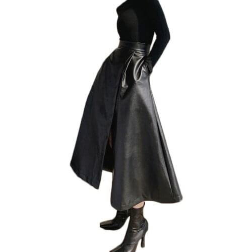 2020 New Autumn Womens Fashion All-match Temperament High Waist Skirts PU Leather Long Skirts A-line Split Skirt Female NS2229