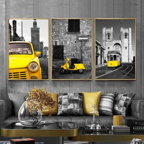 Yellow Car Bus Motorcycle Retro European City Scenery Poster Wall Art Nordic Style Canvas Prints Painting for Bedroom Home Decor