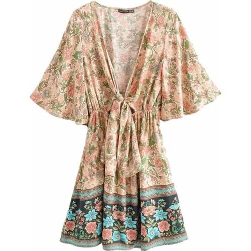 Women Flowers Dresses Fashion Long Sleeve V-neck High Waist Hollow Out Chest Knotted Print Dress Ladies Loose Mini Dresses