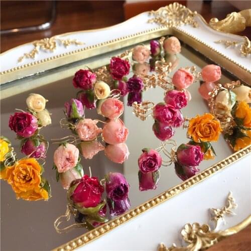 1Pair Gold Natural Dried Flower Stud Earrings Rose Petal Women Earring With Imitation Pearl Real Dry Flower Jewelry