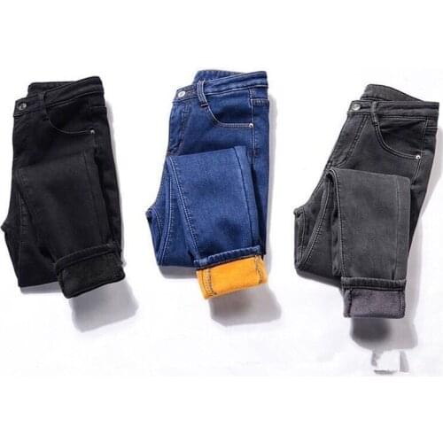 Candy Color Thickening Jeans Women Winter Warm Jean Pants Sexy Fleeces Pencil Pants 2020 Skinny Solid Denim Trousers Black P9538