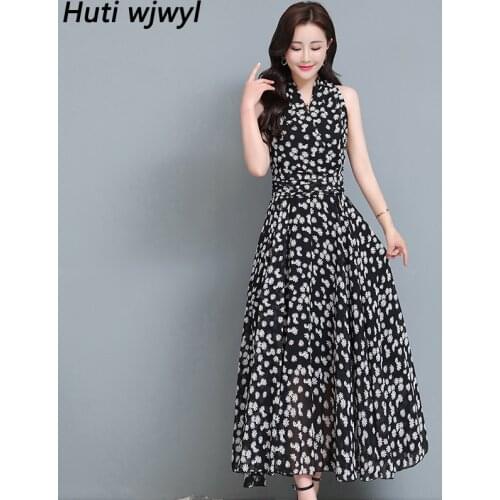 2021 Black Floral Chiffon Boho Beach Maxi Sundress Summer Vintage Sexy Sleeveless Midi Dress Women Elegant Bodycon Party Vestido