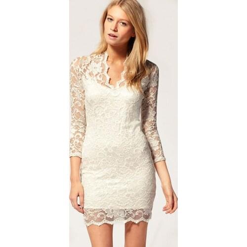 Temperament Crescent Lace Sexy V-neck Stitching Perspective Slim Waist Dress