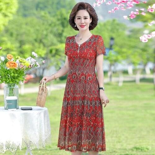 2021 Women Summer Casual Dress Ladies Middle-aged Print Short Sleeve Pleated Lace Net Dresses Female Vintage O-neck Vestidos