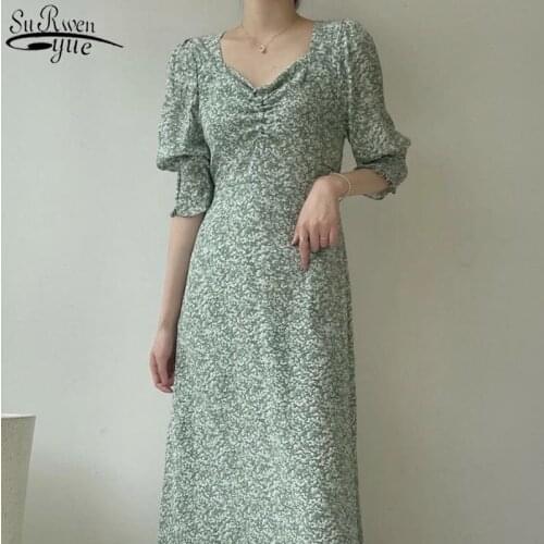 2021 Summer Vintage Chiffon Long Dress Women Elegant French Lantern Sleeve Floral Dress One Piece Party Dresses Clothing 14665