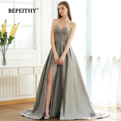 BEPEITHY 2020 Sweetheart A line Evening Dress With Slit With Train Vestido De Festa Vintage Glittle Fabric New Prom Party Gown