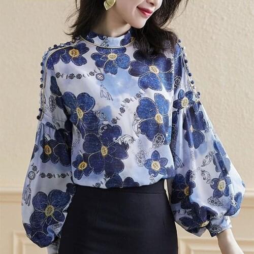 Lantern Sleeve Blouse New Women Tops Long Sleeve Stand Neck Shirts Elegant Lady Casual Blouses Womens Blusas Plus Size DM0036