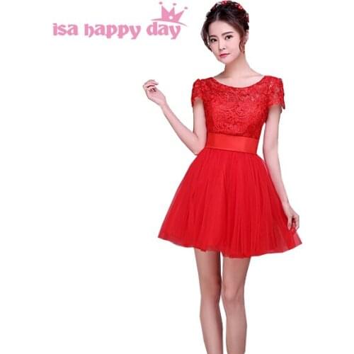 Elegant special occasion short red tulle fabric puffy prom dress teens dresses with short lace sleeves ball gown H3621