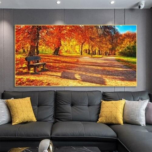 Autumn Park Red Leaves Landscape Canvas Painting Sunset Poster and Print Wall Art Picture for Living Room Home Decoration Cuadro