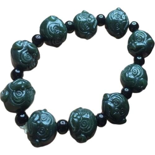 China Hand Carving Natural Jade Hetian Bule Jade Monkey Bead Bracelet