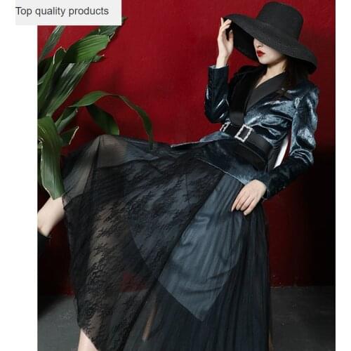 Two piece set 2020 Autumn Winter Vintage 2 piece set women Gold Velvet Suit +Pleated Mesh Skirt Streetwear Office Lady blazer