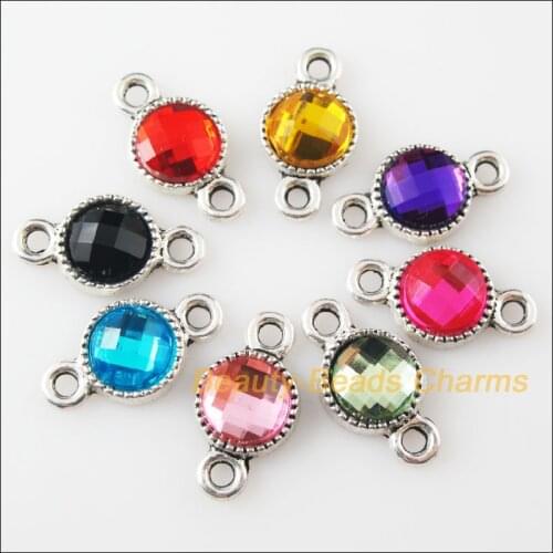 New 24Pcs Mixed Tibetan Silver Acrylic Round Charms Pendants Connectors 10x18.5mm