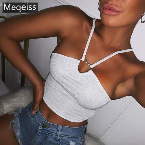 Meqeiss 2020 New Sexy Halter Glitter Crop Tops Women Rave Festival Sleeveless Backless Hollow Out Cropped Feminino Tube Top Vest