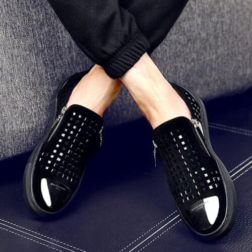 Fashion Men Black zipper Rhinestones Genuine Leather Brand Low Red Bottom Casual Shoes Men Flats Loubuten Shoes Size 38-43