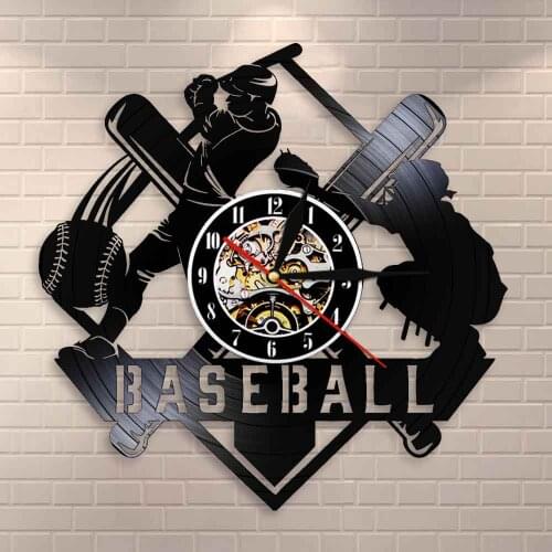 Baseball Players Vinyl Record Wall Clock Baseball Game Hitter and Catcher Wall Art Wall Clock Softball Decorative Wall Watch