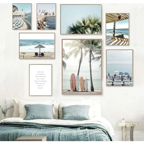 Seaside Travel Beach Wall Art Poster Coconut Palm Tree Print Surfboard Canvas Painting Ocean Landscape Picture Living Room Decor