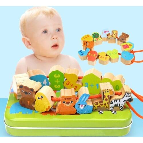 New Wooden Beaded Toys Animal Fruit Block Stringing Threading Beads Montessori Early Learning Wood Bead Toy for Baby Gifts