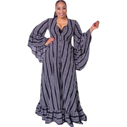 Autumn African Dresses for Women 2021 New African Women Long Sleeve V-neck Printing Plus Size Long Dress African Clothes Women
