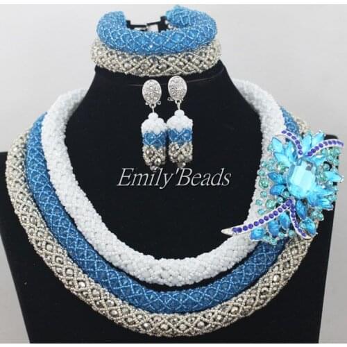 Latest White/Blue/Silver Indian Women Costume Jewelry Set Handmade African Crystal Beads Necklace Set Free Shipping AIJ165