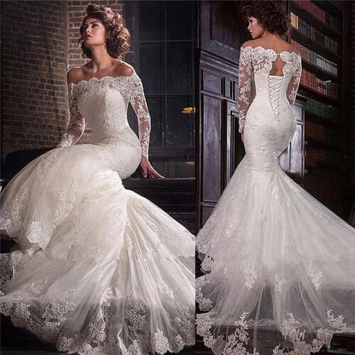 2020 Bateau Long Sleeves Mermaid Wedding Dresses Slim Fishtail Bridal Gowns Lace Up Back Long Custom Beach Wedding Plus Size