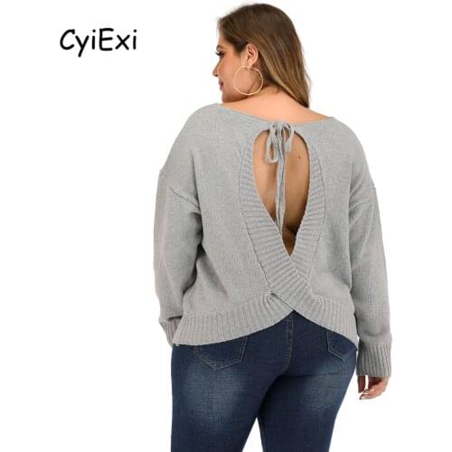 CyiExi Autumn Winter Plus Size Woman Knitted Sweater Pullover Casual Sexy V-neck Backless Lace Up Sweaters Female Big Size 3XL