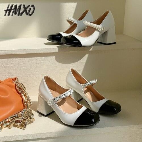 HMXO Thick-heeled French Retro Women Shoes British High-heeled Shoes A Buckle Velcro Pearl Chain Shoes Mary Jane Jk Shoes Women