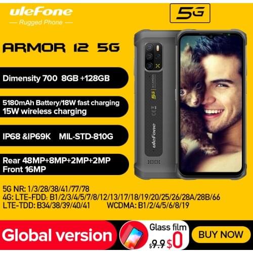 Ulefone Armor 12 5G Rugged Phone Android 11 8GB+128GB Mobile Phones 6.52“ Waterproof Smartphone 5180 mAh Wireless Charging NFC