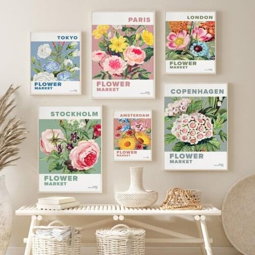 Vintage Flower Market Travel City Canvas Painting Nordic Colorful Flowers Wall Art Posters and Prints Modular Pictures for Home
