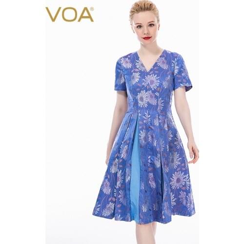 VOA 44mm green bottom white chrysanthemum dyed woven jacquard silk V-neck short sleeve hitting stitching high waist dress A10920