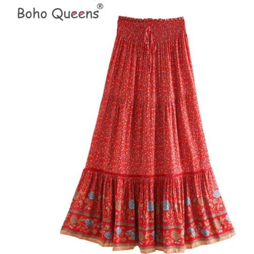 Boho Queens women red floral print beach Bohemian skirt High Elastic Waist rayon cotton Boho Maxi Skirts Femme