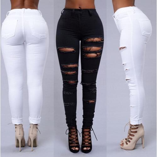 Ladies Ripped Knee Sexy Skinny Jeans Womens High Waisted Jegging Pants Black White Costume