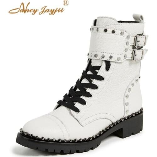 2021 Winter White Jennifer Motorcycles Boots Women Ankle Bota Female Shoes Luxury Rivets Buckle Strap Low Block Heels Size 45 41