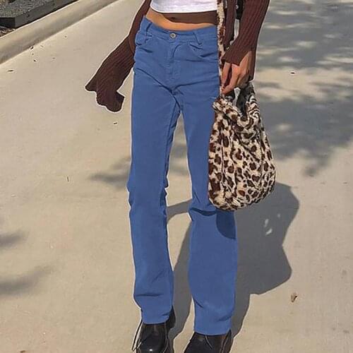 Women Simply Straight Pants Casual Solid Color Pocket Button Long Trousers Female Straight Corduroy Chic Elastic Waist Pants