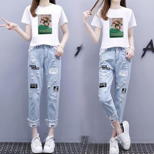Fashion Cartoon Print Cotton Short Sleeve T-Shirt Tops + Jeans 2 Pieces Sets New Summer Casual Hole Womens Denim Pants Suit Y80