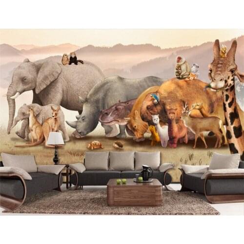3D retro animal TV sofa background wall elephant giraffe children room bedroom wallpaper decorative painting