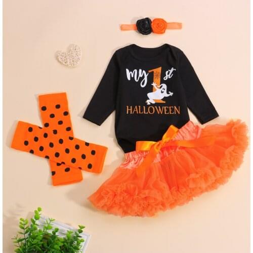 4PCS Baby Girls Halloween Outfits Long Sleeve Ghost Letter Print Bodysuit + Tutu Skirt + Leg Warmers + Headband Set