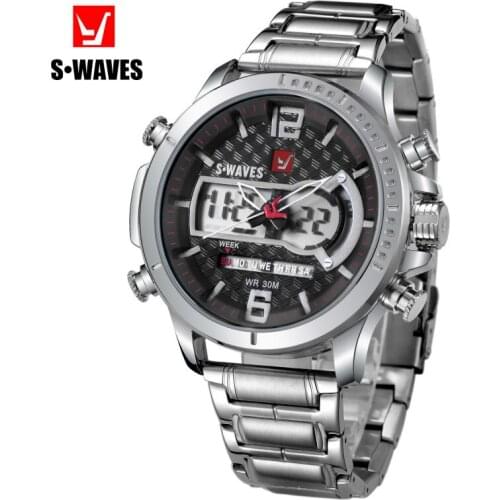 Swaves brand leisure personality LCD double display mens watch waterproof silver stainless steel with electronic quartz watch