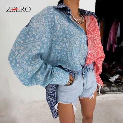 Korean Patchwork Hit Color Print Shirt for Women Lapel Lantern Sleeve Shirts Female Casual Loose Blouse Womens Tops Plus Size