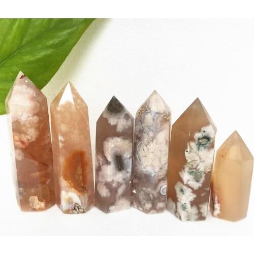 Crystal Wand Natural Flower Aagate Quartz point Cherry Blossom Onyx Gemstones Tower Healing Decor Gift 6 pcs