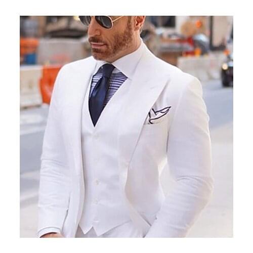 Wide Peaked Lapel Men Suits for Wedding Tuxedos 2020 White Groom Best Man Blazer jacket 3 Pieces Smart Casual Business Tuxedos